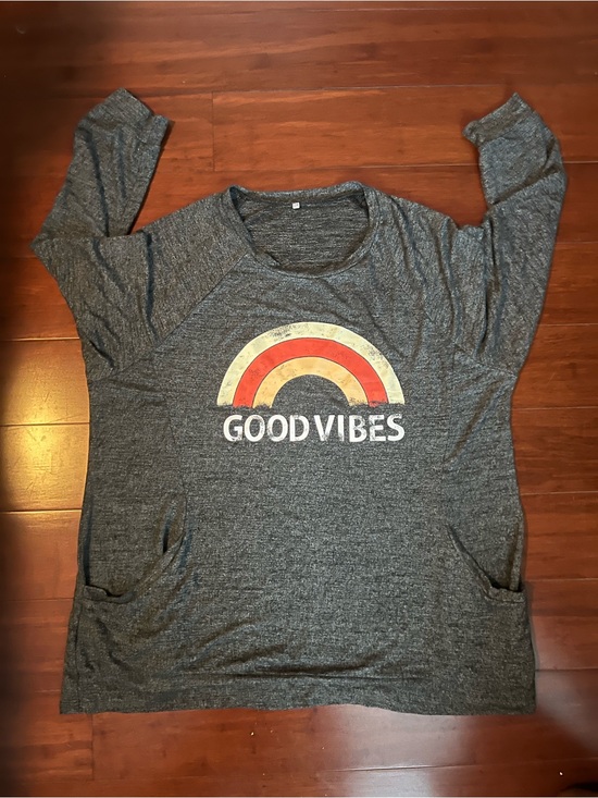 Tops - Good Vibes Grey Pullover with Rainbow Graphic